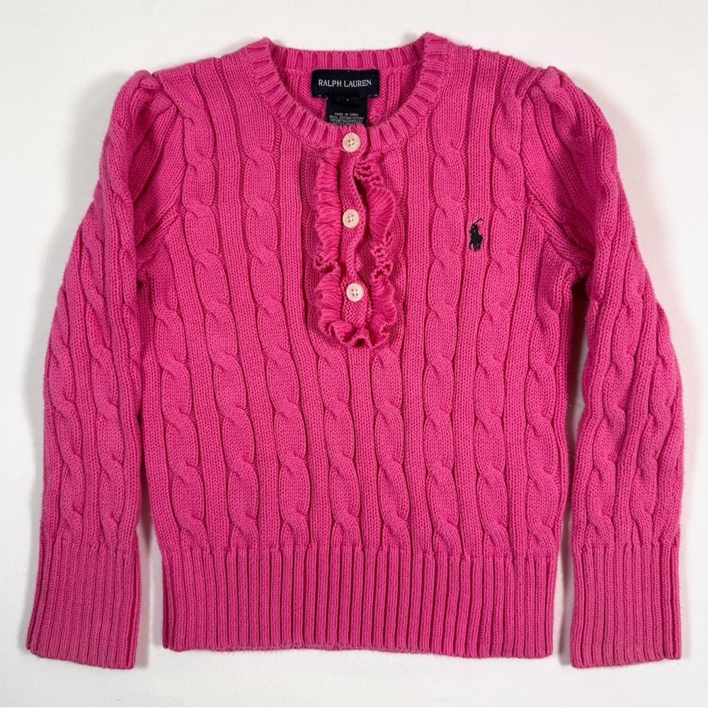 RALPH LAUREN‎ Girls Cable Knit Sweater Ruffle Button Front Size 4 Preppy Classic